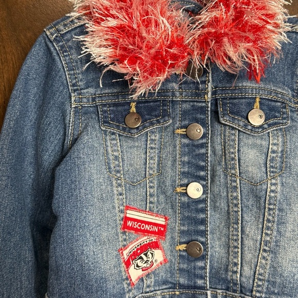 The Children's Place Blue and Red Jean Jacket with Pom Pom trim Wisconsin 18-24M - Picture 2 of 6